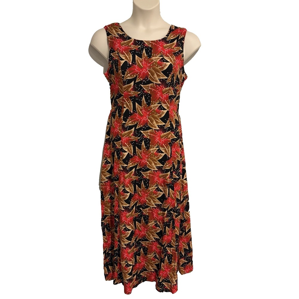 Palm Club Maxi Dress~L~Sleeveless Red Tropical Floral Cotton Flared Tie Back NEW